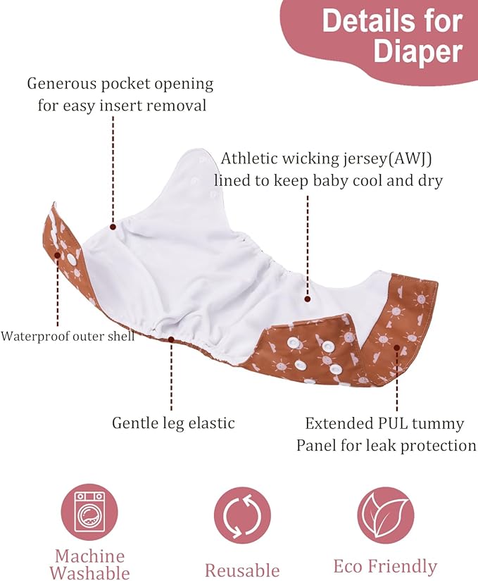 babygoal AWJ Cloth Diapers with Tummy Panel Pack of 7, 3 Diaper Cover with 3 Inserts and Wet Dry Bag, Adjustable Washable Reusable for Baby Girls and Boys