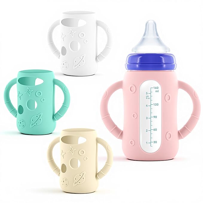 4-Pack Silicone Sleeves for Lansinoh Glass Bottles 5 oz- Starry Sky Design Baby Bottle Holder with Handles,Protectors for Lansinoh Natural Wave Glass Bottles, Anti-Scald Feeding Supplies