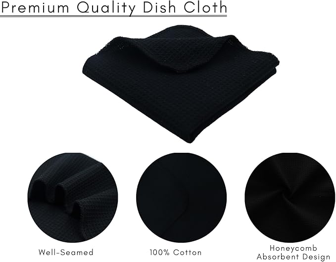 PurpleEssences Dish Cloths and Dish Rags - 8 Pack Waffle Weave Solid Kitchen Dish Wash Cloths, 100% Cotton, 12 x 12 Inches, Ultra Soft Absorbent Quick Drying -Fall Thanksgiving Halloween- Black