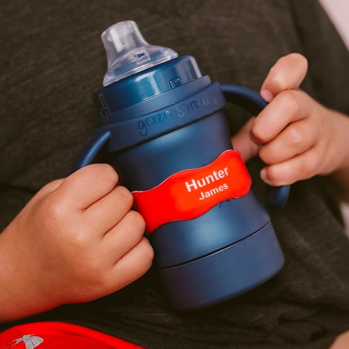 InchBug Orbit Labels Baby Bottle and Water Bottle Silicone Name Bands – Personalized Reusable Label Set for Daycare, Sippy Cups, Preschool, Elementary School, Dishwasher Safe, 4-Pack (Sea Glass)