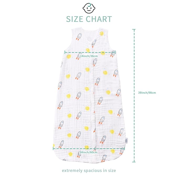 TADO MUSLIN Toddler Sleep Sack 2-4T, 0.5 TOG Lightweight Wearable Blanket, 100% Organic Cotton Muslin, Sleeveless, 2-Way YKK Zipper, OEKO-TEX Certified, Rocket