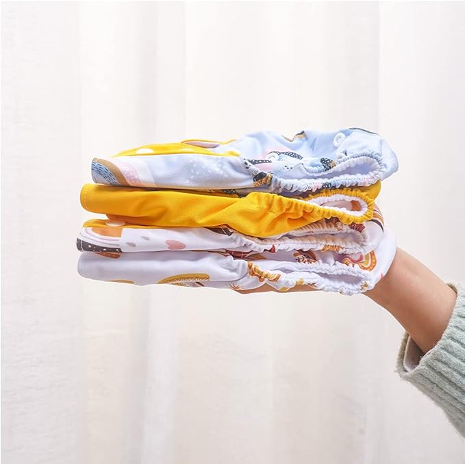 HappyFlute 4 Sets Newborn Baby Cloth Pocket Diapers One Size Adjustable Reusable for Baby Boys and Girls(No Inserts,Yellow)