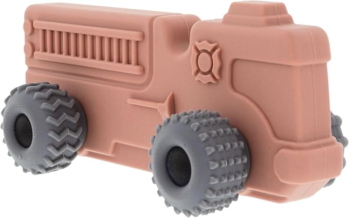 Nuby Silicone Teether Toy for Babies - Textured Teething Red Firetruck with Moving Wheels - Soothes Sore Gums - Encourages Tactile Development and Hand-Eye Coordination - Ages 6+ Months