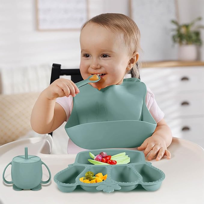 Silicone Baby Feeding Set 10 Pcs Baby Led Weaning Supplies Suction Bowl Divided Plate Baby Bibs Fruit feeder Pacifier Baby Spoons Forks Sippy Cup Utensil Sets Baby Essentials for Newborn Grey Blue
