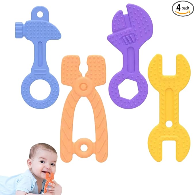 Fu Store 4 Pack Soft Silicone Teething Toys for 0-12 Months 6-24 Months Toddlers Infant Hammer Spanner Wrench Pliers Tools Shape Baby Teethers Relief Soothe Babies Gums Set