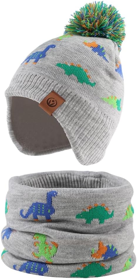 JANGANNSA Knitted Baby Hat Scarf Set Winter Warm Boys Girls Beanie Fleece Lining Toddler Kids Hats with Pompom