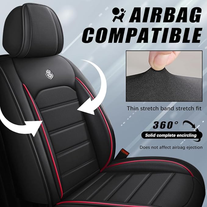 Leather Seat Cover for Ford Edge 2010-2026,Waterproof Soft Seat Covers,Interior Accessories Seat Covers Cushion Vehicle Protector Airbag Compatible(Black&Red,Full Set)