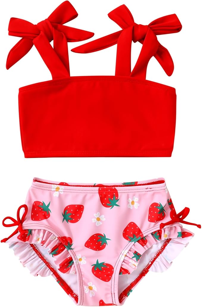 Toddler Swimsuit Girl Color Block Stripe Swimwear Baby Girl Summer Beach Bathing Suits Bikini Set with Ruffled Edges