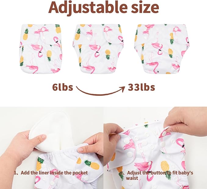 HappyFlute 9 Sets Newborn Baby Cloth Pocket Diapers Adjustable Reusable for Baby Boys and Girls(6-33 pounds,0-3 Years),One Wet Bag+4Diapers and 4Inserts (AD08)