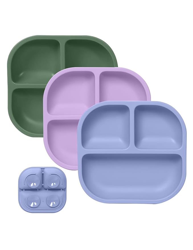 BABELIO Powerful Suction Plates for Baby & Toddler, 100% Food Grade Silicone, Divided, BPA Free, Microwave & Dishwasher Safe