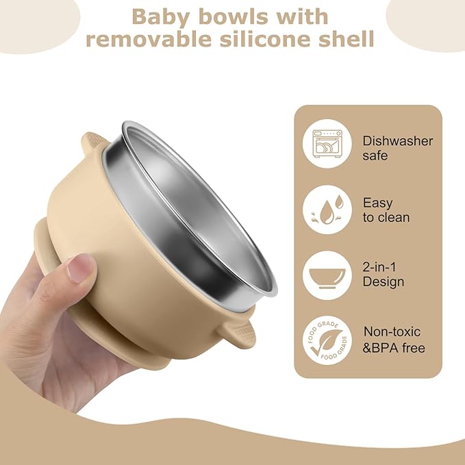 2 Pack Stainless Steel Baby Bowls with Removable Non-Slip Silicone Suction Shell and Lids, Anti Scald Food Container for Baby Food Feeding-Gray & Cream