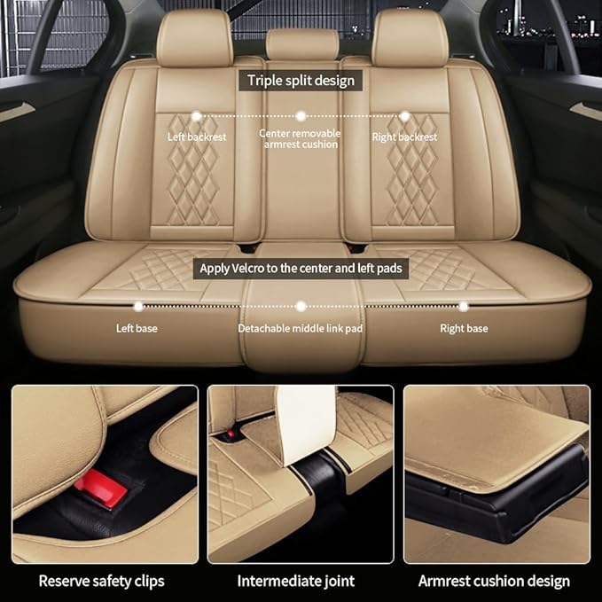 Leather Car Seat Covers for Volkswagen Atlas 2019-2023 Waterproof,Breathable and Non-Slip Napa Leather Car Interior Seat Covers,Comfortable and Durable,Easy to Install(5PCS Comfort,Beige)