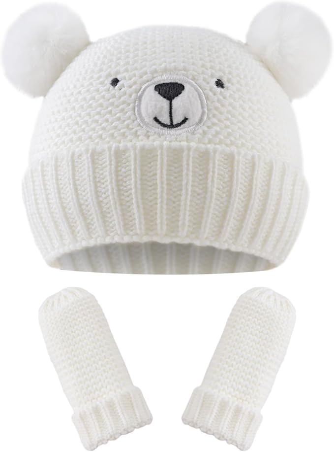 JANGANNSA Cute Bear Baby Beanie Pompom Baby Boys Hat Infant Toddler Winter Knitted Beanies for Girls