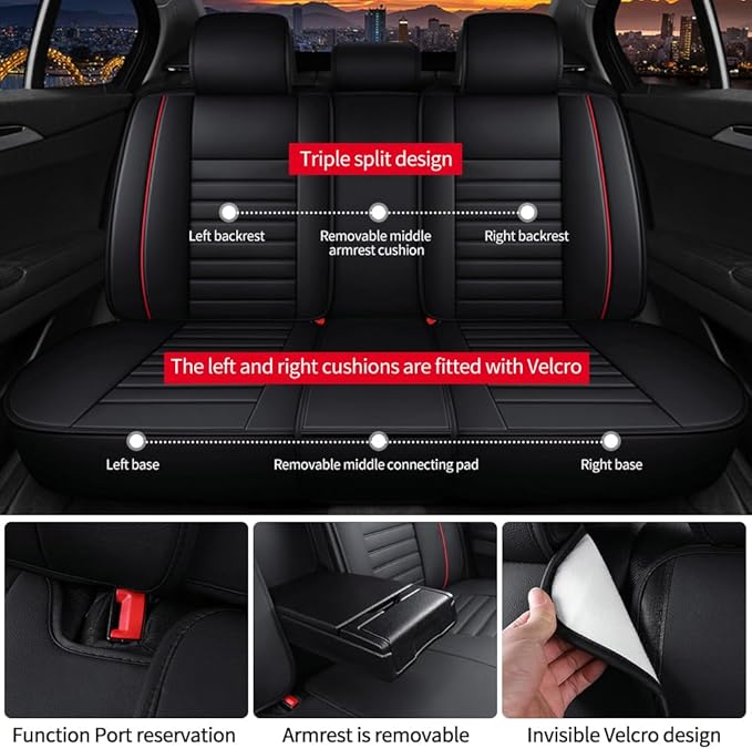 Leather Car Seat Covers for Toyota Corolla 2006-2024,Car Seat Covers Full Set,Seat Covers with Safety,Waterproof Seat Cover Compatible Airbag(5pcs Black&Red Standard)