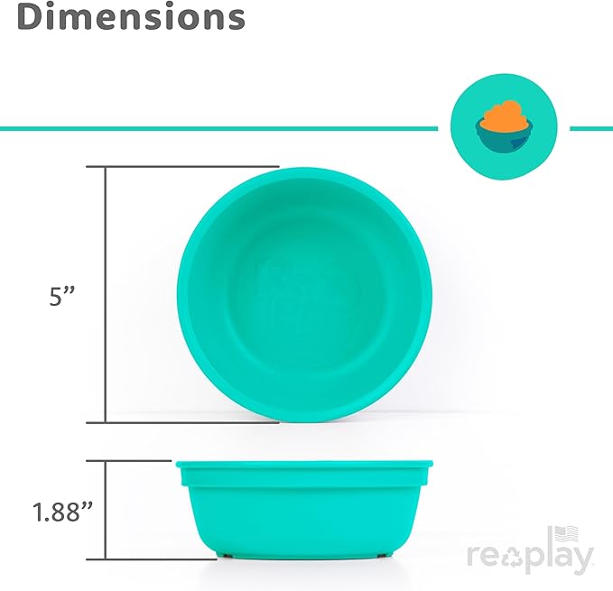 Re-Play 12 oz. Toddler Bowls Set of 3 - Kids Deep-Walled, Durable & Reusable Snack and Meal Bowls, Dishwasher & Microwave Safe, BPA-Free, Made in USA from Recycled Plastic, Aqua Asst