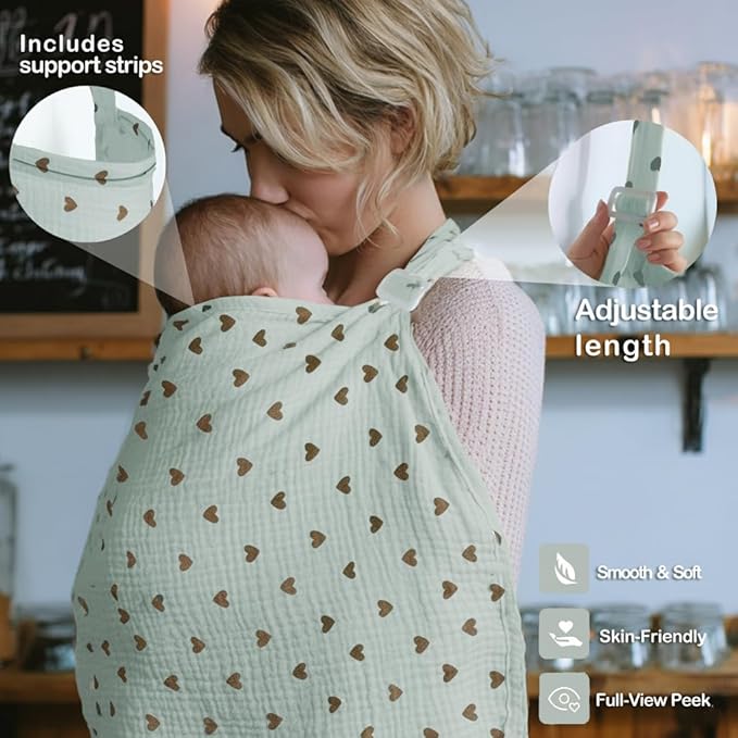 Muslin Nursing Covers for Breastfeeding, Arch Neckline Breast Feeding Covers for Women, Moms Privacy Breathable Summer Nursing Apron, 43.3" x 25.6" Soft Feeding Cover (Mint Green Heart)