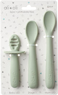 Ali+Oli (3pc) Silicone Spoon Set for Baby (Pine) Unbreakable Baby Spoons, Self Feeding Utensils, Multi-stage Design, Ergonomic Handle