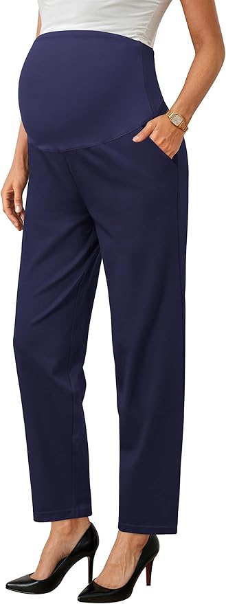 OUGES Womens Stretchy Maternity Over Belly Casual Work Straight Leg Pants Ankle Business Office Trousers with Pockets