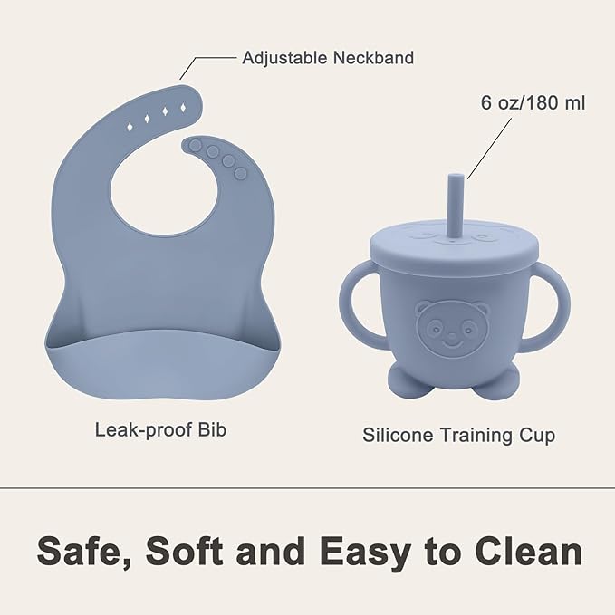 Silicone Baby Feeding Set | Baby Led Weaning Supplies Includes Suction Bowls and Divided Plates, Adjustable Bib, Baby Utensils Spoons and Forks,Cup | Baby Feeding Essentials (Blue Gray)