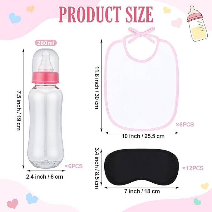 Leinuosen 24 Pcs Baby Shower Blindfold Feeding Game Set Include 6 Plastic Chug Bottles 6 Bib and 12 Eye Mask Blindfold Baby Feeding Bottle Chug Game for Adult Gender Reveal Party Supplies(Pink)
