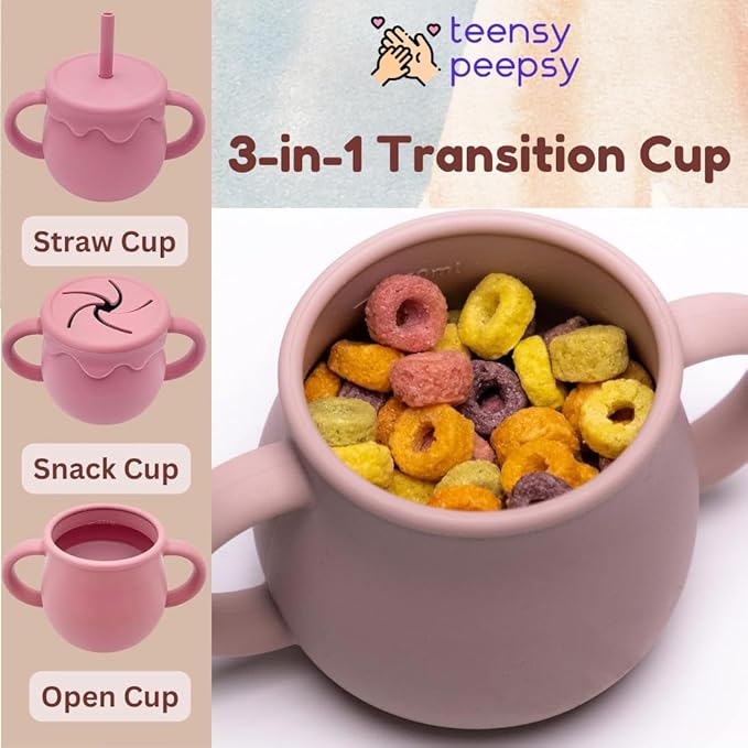 Honey Jar Pot 3-in-1 Silicone Training Cup 8.5oz, Baby Sippy Cup with Straw & Snack Cup for 6 months+ Straw Cup for Baby Girl Gift, Open Cup Toddler Smoothie Drinkware (Pretty in Pink)