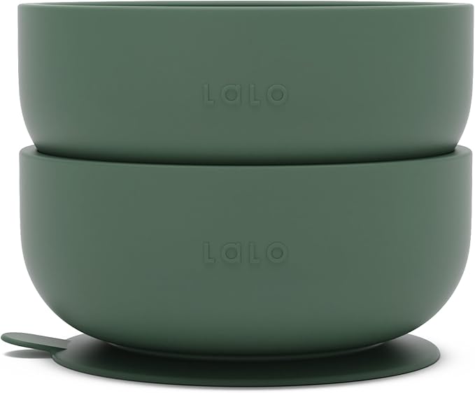 Lalo Suction Bowls - 2 Pack, 100% Silicone Non-Toxic BPA-Free Baby Bowls with Suction Base To Prevent Accidental Tip-Overs - Silicone Bowls For Babies And Toddlers - Olive