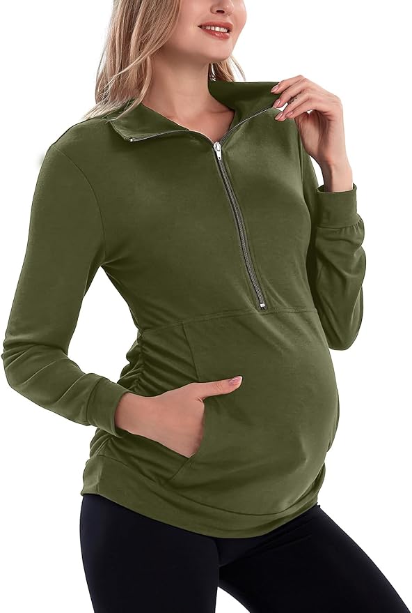 GINKANA Maternity Women's Long Sleeve Shirt Half Zipper Lapel Lightweight Casual Maternity Pullover with Pockets