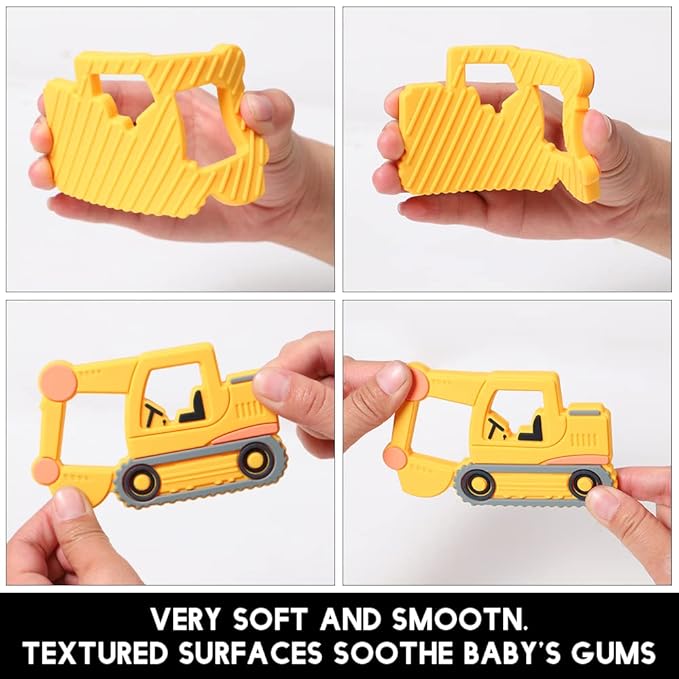 Baby Food Grade Silicone Car Teether Toy with Pacifier Clip Holder,Teething Pain Relief Toys Gift Set for 3 Months+ Boys and Girls,Freezer Safe,BPA Free (Excavator, Yellow)