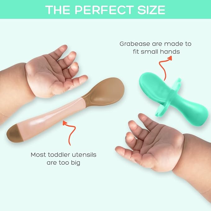 Grabease Baby Feeding Utensils Set - Infant and Baby Fork and Spoon for Ages 1-11 Months, BPAs and Phthalate-Free Cutlery, 2 Sets, Mint and Orange