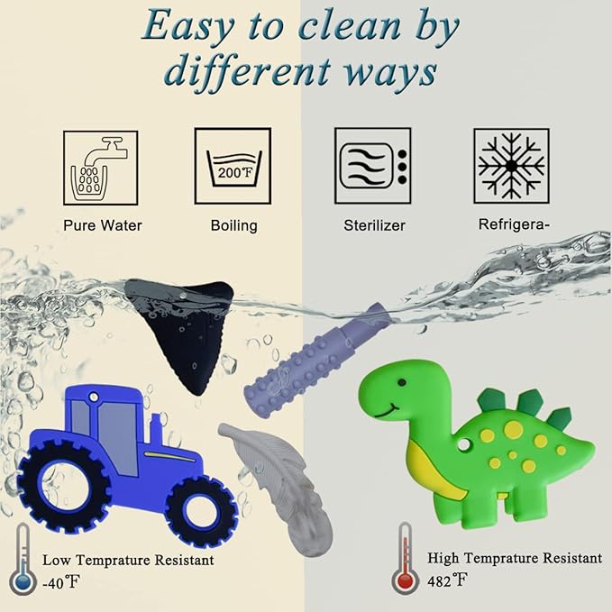 Chew Necklace for Sensory Kids, 5Pcs Chewy Necklaces for Boys and Girls with Autism ADHD PICA, Chewable Silicone Pendant for Reducing Fidget Anxiety,Dinosaur Tractor Chewing Pendants for Toddler