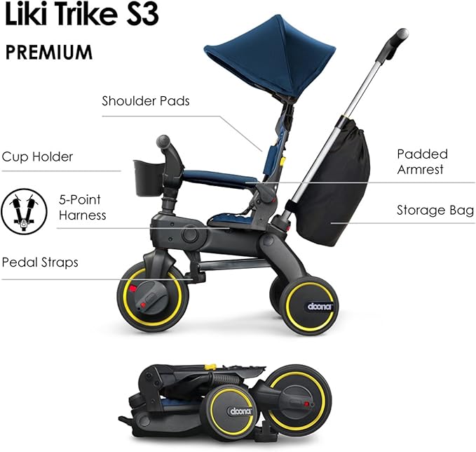 Doona Liki Trike S3, Royal Blue - 5-in-1 Compact, Foldable Tricycle - Suitable for Toddlers 10 to 36 Months