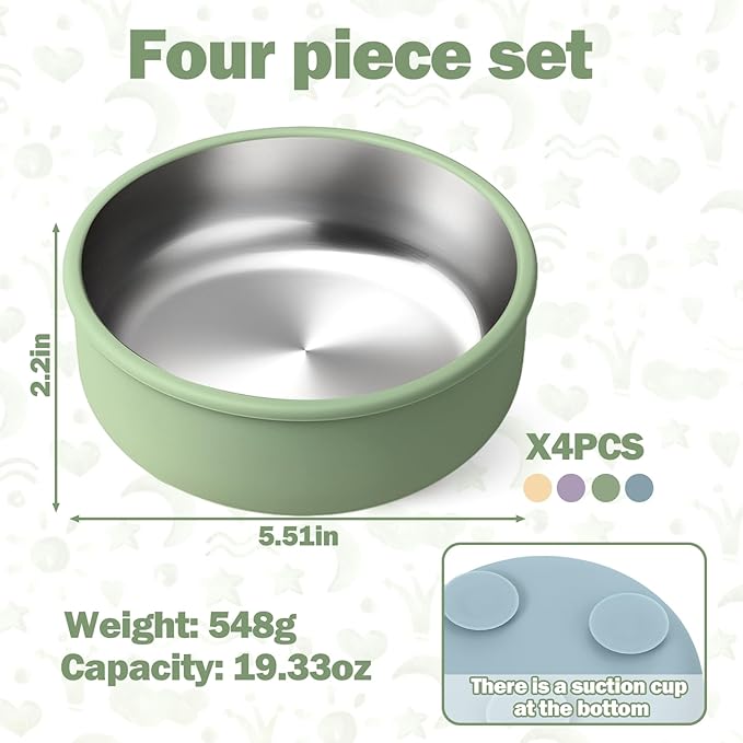 Mity rain Stainless Steel & Silicone Bowls for Baby - 4-Piece Suction Plates & Bowls for Toddlers,Removable Silicone Shell,Non-Slip Baby Food Bowl with Unbreakable Design (Baby Bowls with Suction)