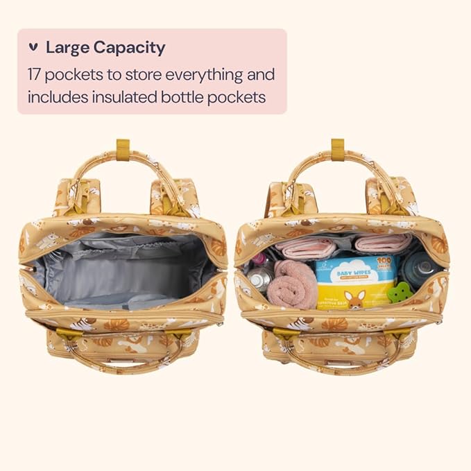 BabbleRoo Diaper Bag Backpack - Baby Essentials Travel Tote - Multi Function Water Resistant Diaper Bag, Travel Essentials Baby Bag with Changing Pad, Stroller Straps & Pacifier Case - Unisex, Safari