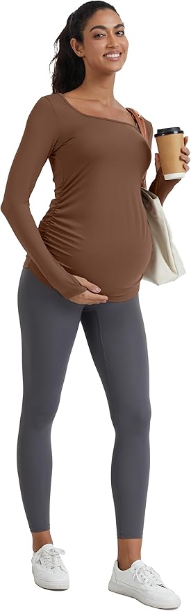 MathCat Maternity Long Sleeve Shirt with Thumbleholes, Maternity Tops Squar Neck Side Ruched Pregnancy Yoga Casual Tee
