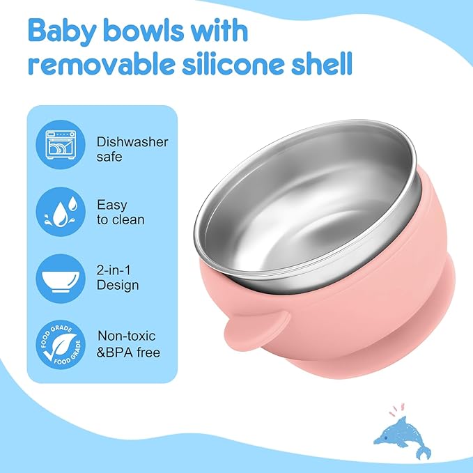 2 Pack Stainless Steel Baby Bowls with Removable Non-Slip Silicone Suction Shell, Anti Scald Food Container for Baby Food Feeding, Forks + Spoons Included-Blue & Pink