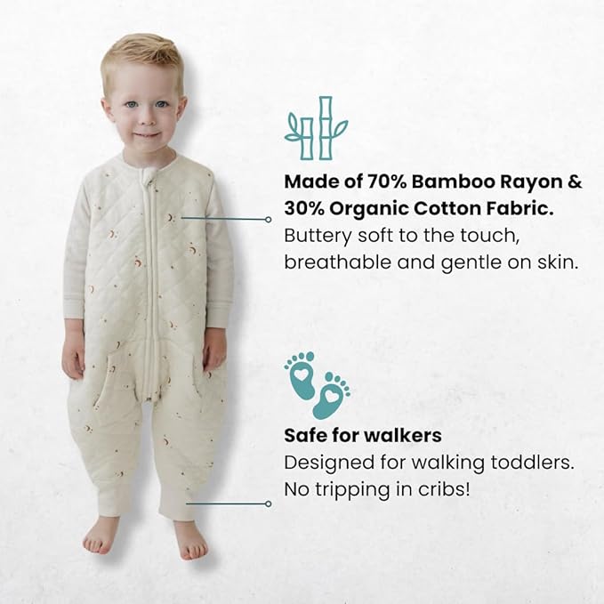Tealbee Dreamsuit Toddler Sleep Sack with Feet – Walker Sleep Bag with Legs, Rayon made from Bamboo, All Season 1.2 TOG, 2-Way Zipper, 12m-2T - Moons&Stars