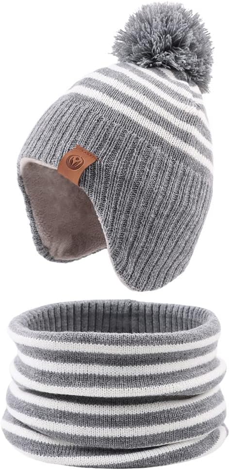 JANGANNSA Knitted Baby Hat Scarf Set Winter Warm Boys Girls Beanie Fleece Lining Toddler Kids Hats with Pompom