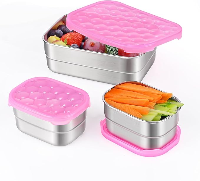 Small Stainless Steel Lunch Containers for Kids | Leak Proof BPA Free Snack Containers with Silicone Lids - Perfect Metal Snack Containers with Lids for School and Daycare (25oz+8oz*2)
