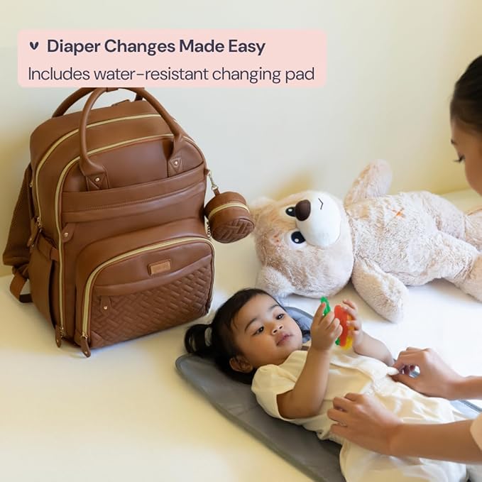 BabbleRoo Leather Diaper Bag Backpack - Baby Essentials Travel Baby Bag, Multi function, with Changing Pad, Stroller Straps & Pacifier Case – Unisex, Black