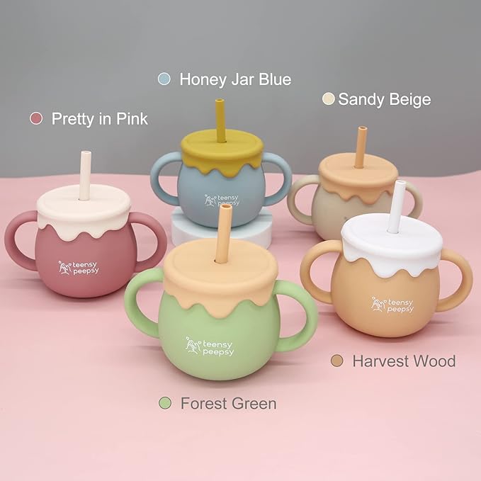 Honey Jar Pot 3-in-1 Silicone Training Cup 8.5oz, Unisex Baby Sippy Cup with Straw & Snack Lid for 6 months+ Break Resistant Straw Cup for Toddler Smoothie Drinkware (Sandy Beige)