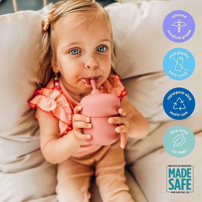 Pura my-my Silicone Straw Cup| Spill Proof, Reusable, Food Grade Silicone, Plastic-Free | For Kids, Toddlers, Babies & Infants (Rose)