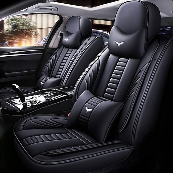 Luxury 2 Seats Car Seat Covers Protectors for Suzuki 1999-2025 95% Models, Back Storage Bag Design & Headrest Pillow & Lumbar Support Black & Black Line