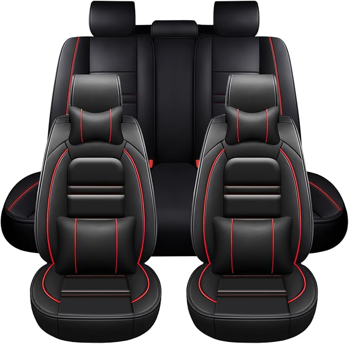 Car Seat Covers for Chevy Silverado 1500 2007-2025 | 5-Seats Seat Covers, Waterproof Seat Protectors, Automotive Seat Covers (Full Set with Pillow,Black&Red Line)