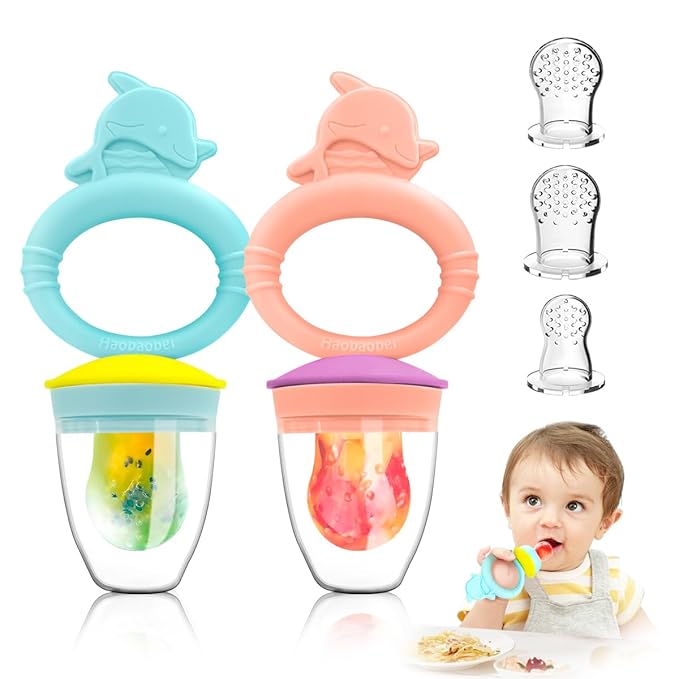 Baby Solids/Frozen Fruit Feeder Pacifier, Infant Teether Toy 4M+, BPA-Free Silicone Pouch & Nipple, Safely Introduce Solids, Teething Relief, 2-Pack (Dolphin - Blue Pink)