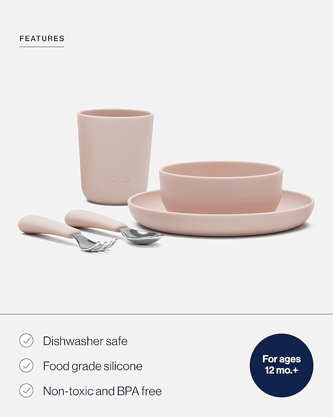 Lalo Big Bites Kids Dinnerware Starter Set - Dishwasher Safe, BPA Free, Kids Tableware Set - Includes Stackable Bowl, Plate, Utensils & Cup - 5 Pieces - Grapefruit