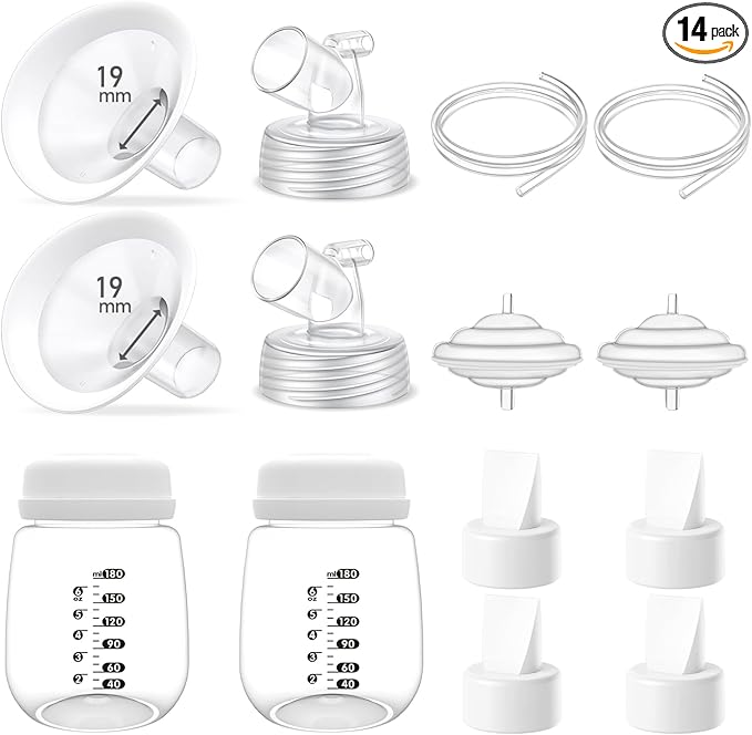 Full Breast Pump Parts with 19mm Oval Soft Rim Flanges and Wide-Mouth Base Connector for Spectra S2 S1 9 Plus SG, Medela, Lansinoh Pumps, Include Flange, Valve, Backflow Protector, Tubing and Bottle
