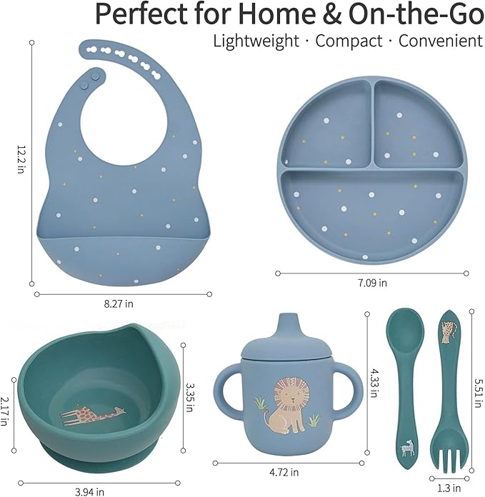 Little Rawr Baby Led Weaning Bundle, 100% Silicone Baby Feeding Set Includes Divided Plate, Suction Bowl, Straw Cup, Bib, Spoon & Fork, Develops Self Feeding Skills, Dishwasher Safe (Blue)