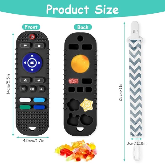 Silicone Baby Teething Toys, Remote Control Shape Teethers Toys with Teething Tubes and Pacifier Clip, Baby Teething Toys for 3 Months+, Remote Teething Toy BPA Free/Freezable/Dishwasher Safe(Black)