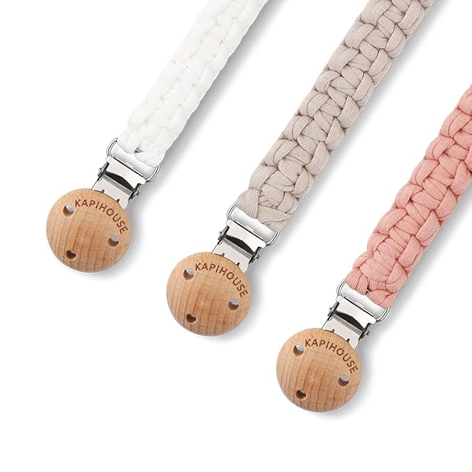 Pacifier Clip for Girl 9.2 Inch Pacifier Leashes woodern Clips Teething Toy with Handmade Braided Cotton Modern Unisex Baby Shower Birthdays Christmas Set (3 Pack Grils)