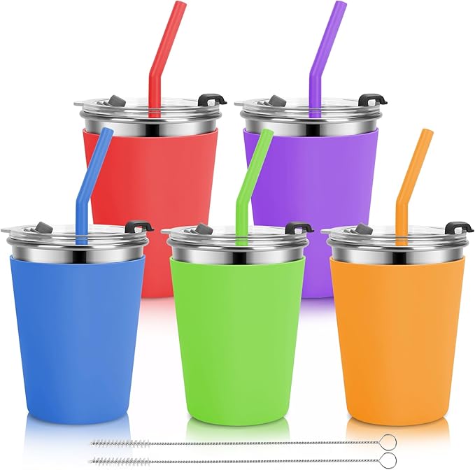 Kids Cups with Straws and Lids, 5 Pack 12oz Spill Proof Toddlers Straws Tumbler with Lids, Stainless Steel Sippy Cups with Lids for School, Outdoor, Multicolor